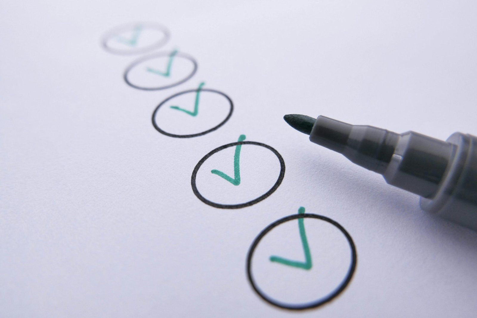 Close-up of a checklist with green checkmarks on white paper using a marker.